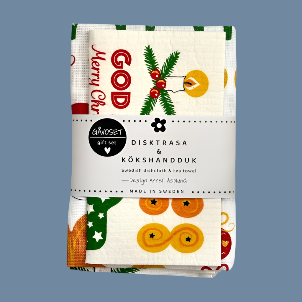 Geschenkset Handtuch Schwammtuch God Jul mit Banderole und mysblauem Hintergrund