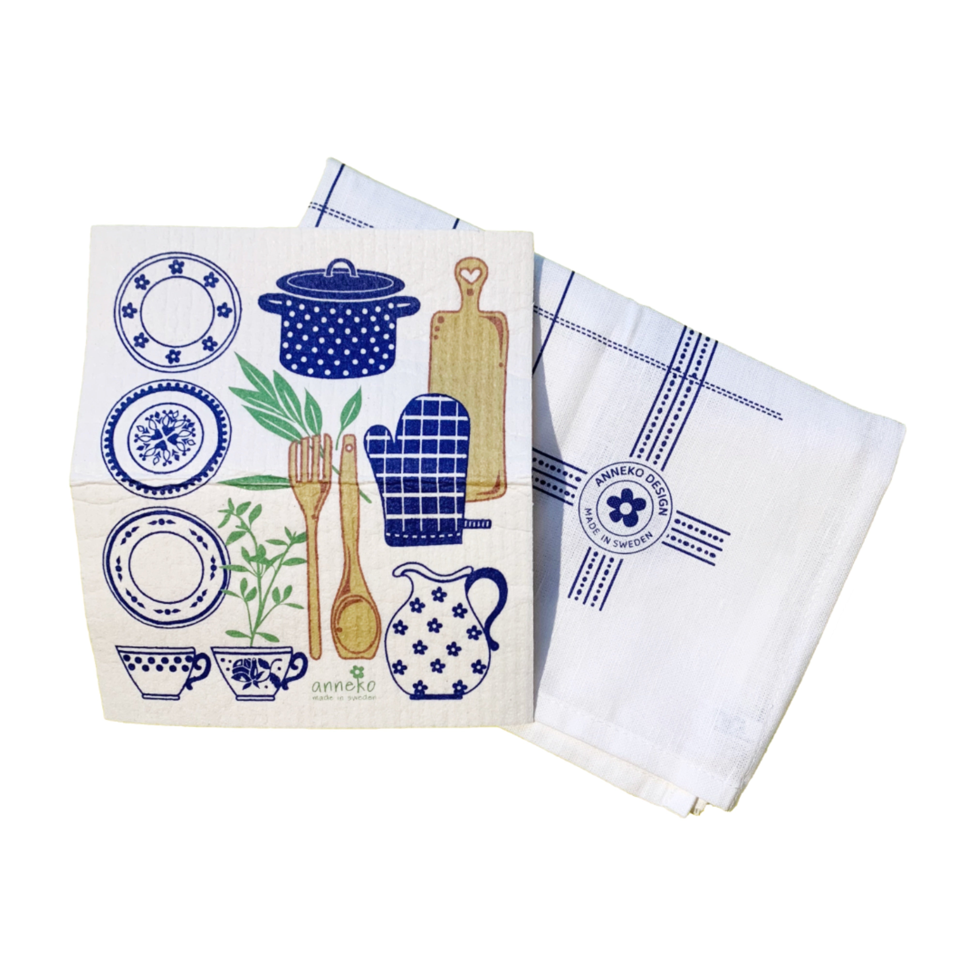 Geschenkset Handtuch und Schwammtuch Küche blau mit aufgeklapptem Schwammtuch