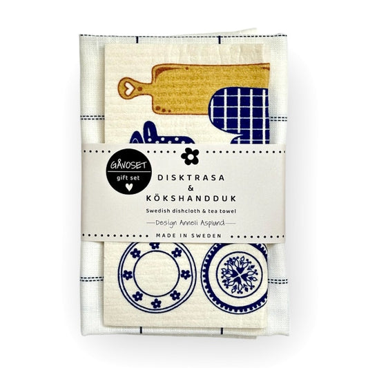 Geschenkset Handtuch Schwammtuch Küche in blau mit Banderole