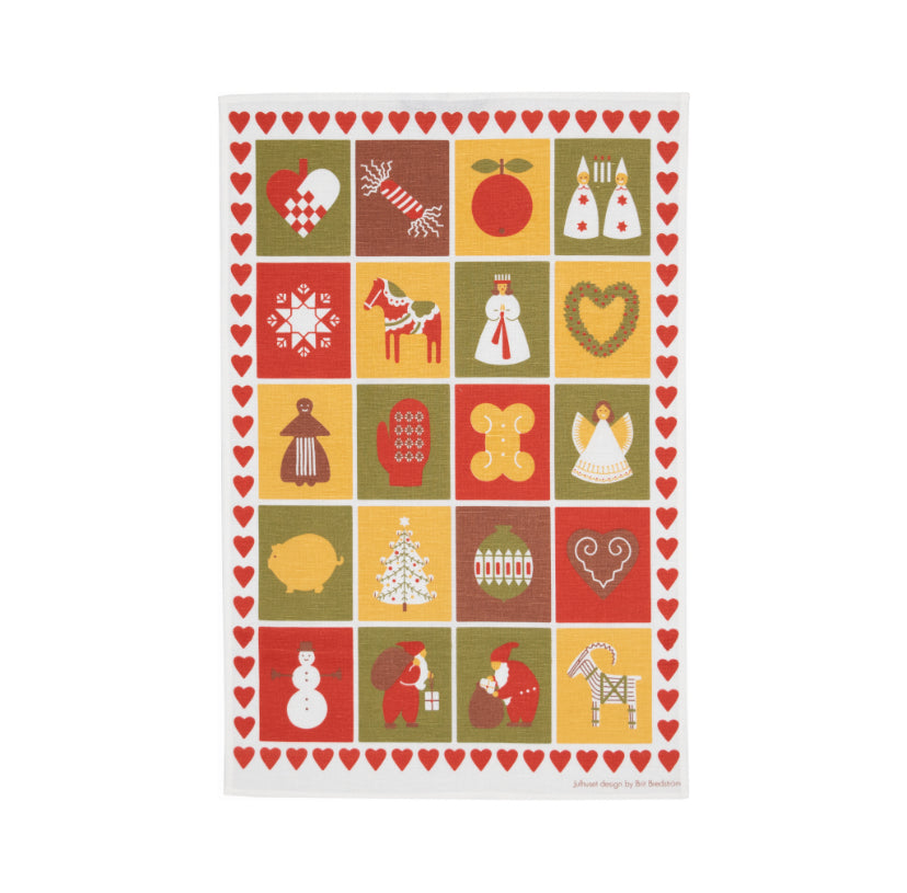 Geschirrtuch aus Halbleinen mit weihnachtlichen Motiven wie zum Beispiel Lucia, Flechtherz, Julbock usw. in 20 Quadraten 