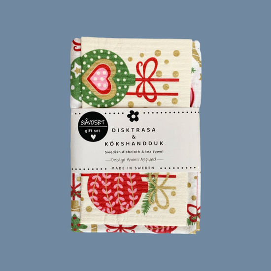 Geschenkset Handtuch Schwammtuch Weihnachtskugeln mit Banderole und mysblauem Hintergrund