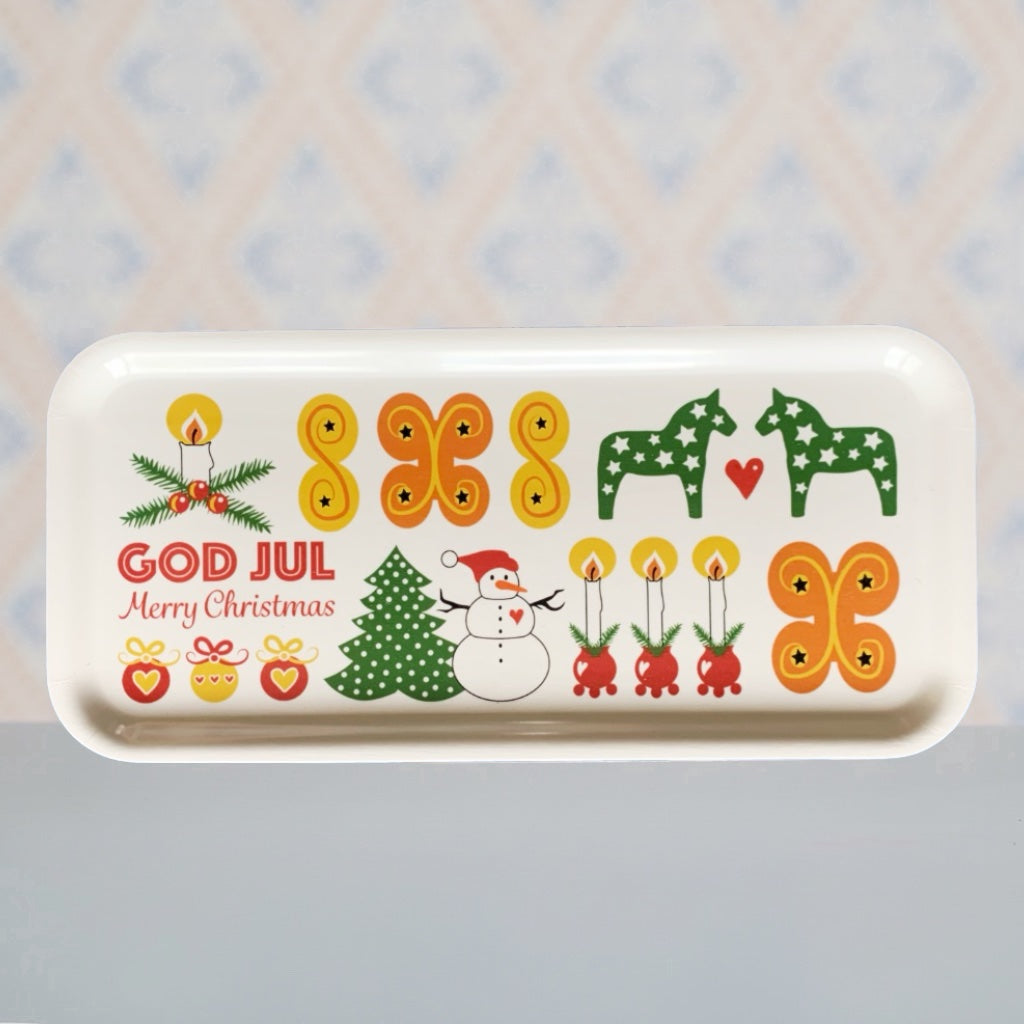 Tablett mit weihnachtlichen Motiven in Grün Gelb Rot
