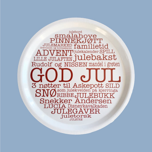 Rundes Tablett Holz „God Jul“ weiß/rot