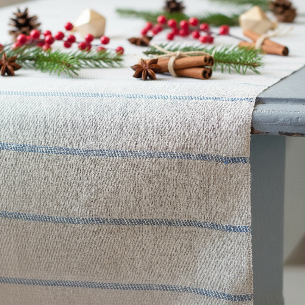 Högbo Tischläufer blau aus Leinen mit Weihnachtsdeko