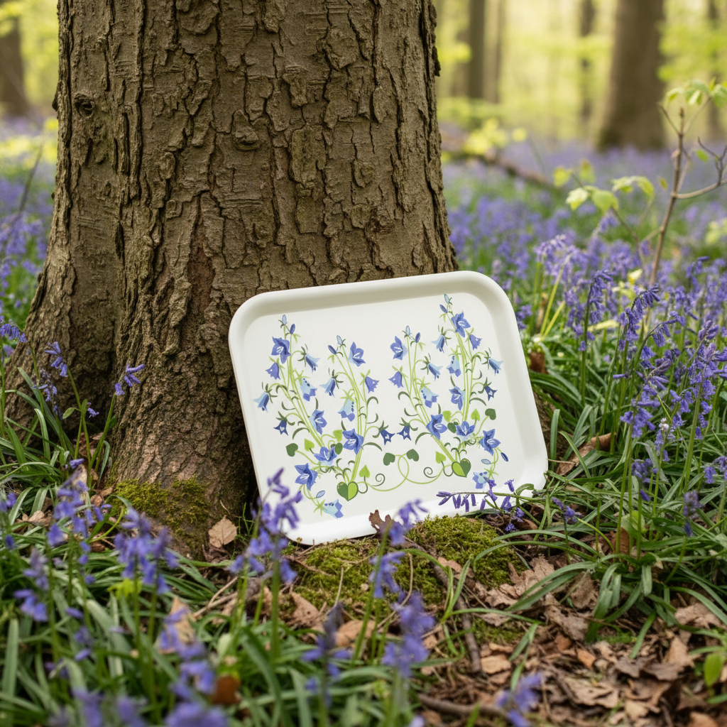 Holztablett mit Glockenblumen in KI generierter Umgebung