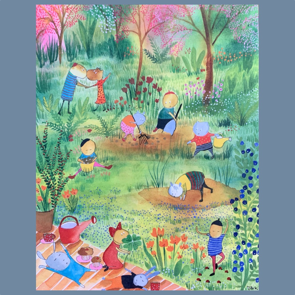 Kunstdruck mit vielen kleinen Wesen im Garten beim Picknick Machen, Gießen, Schalfen uvm