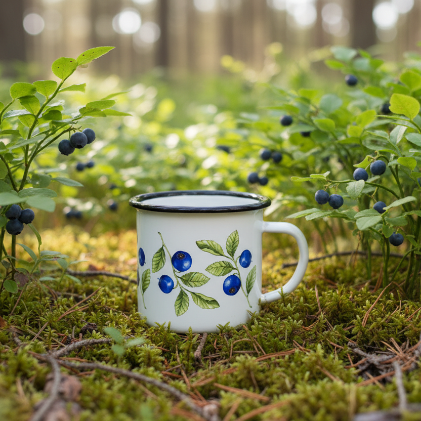 KI generiertes Bild mit Blaubeertasse aus Emaille inmitten von Blaubeeren im Wald