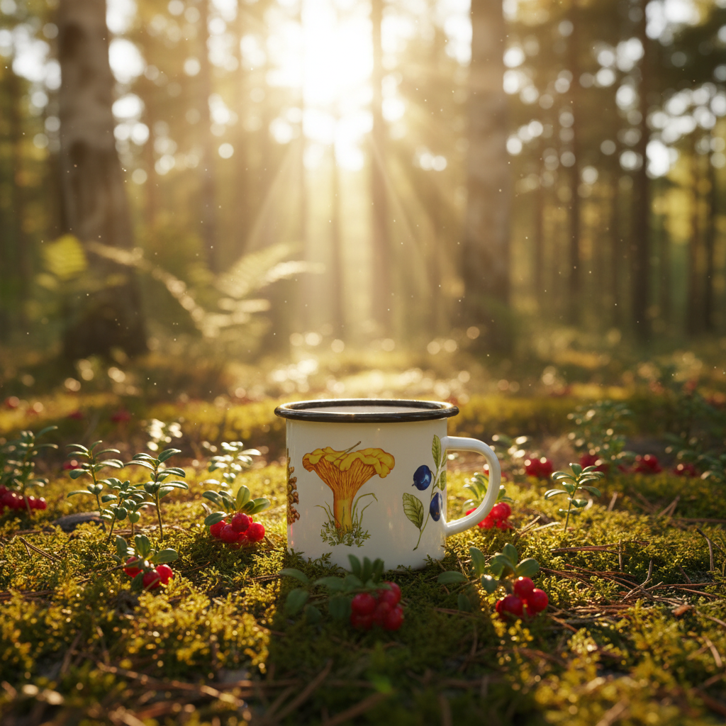 KI generiertes Bild mit Emaille Tasse in sonnendurchflutetem Wlad mit Preiselbeeren