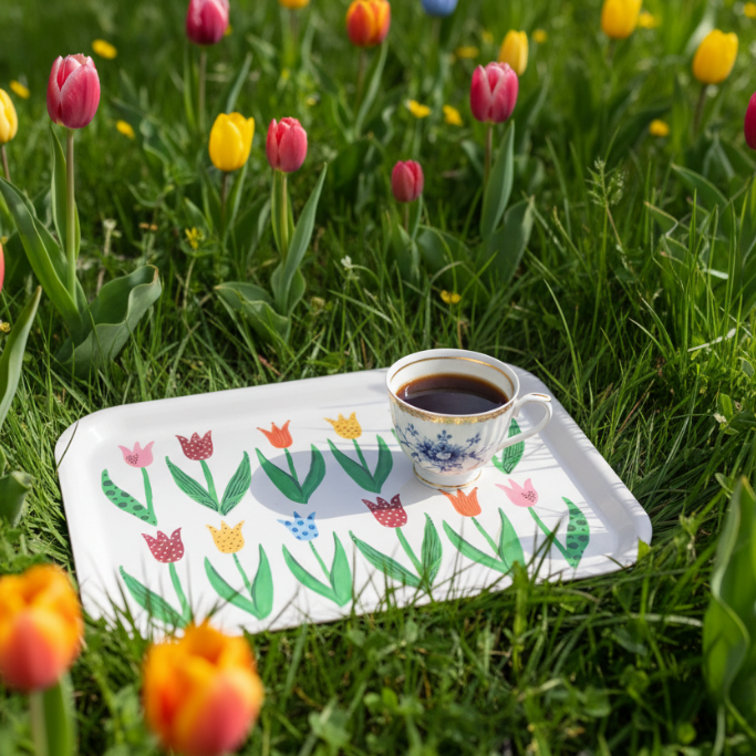 KI generiertes Bild des Tulpentabletts in einer Wiese voller Tulpen