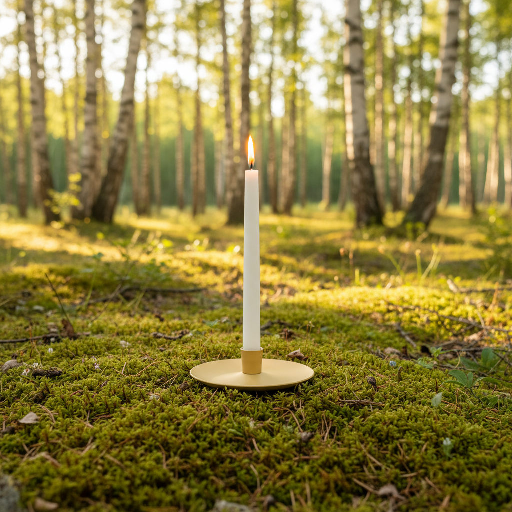 KI generiertes Bild mit gelbem Kerzenständer im Birkenwald