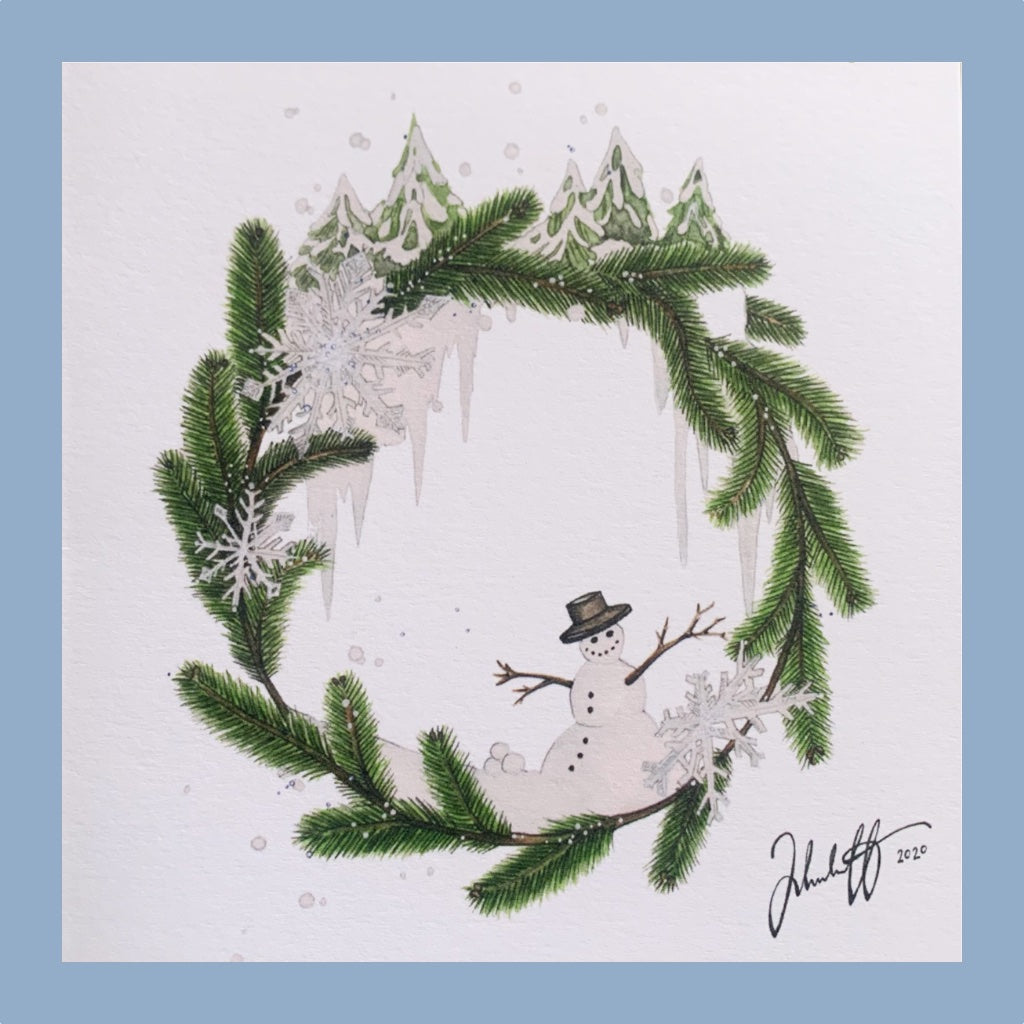 Klappkarte mit winterlichem Motiv mit Schneemann in Tannenkranz mit wirblenden Schneeflocken und Eiszapfen