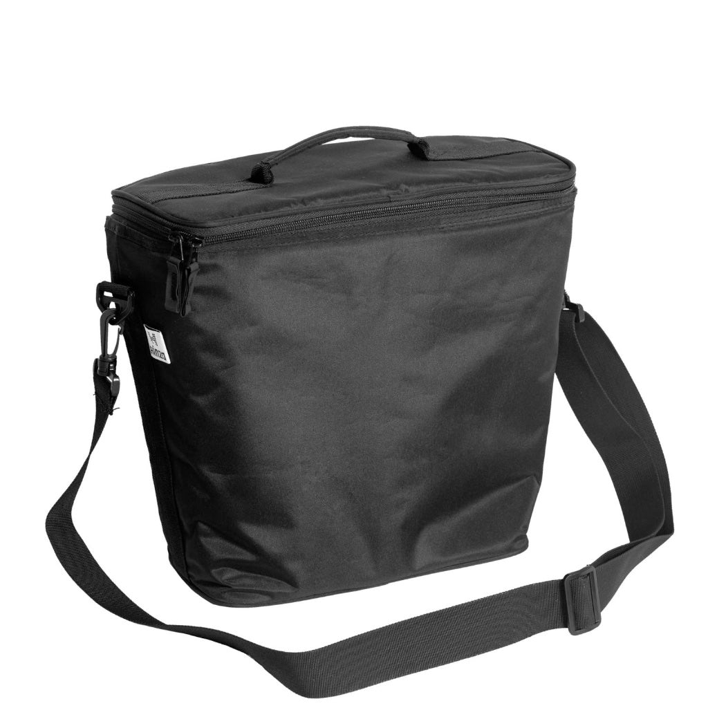 Kühltasche von Hinza in schwarz mit Schultergurt und Tragegriff auf dem Deckel