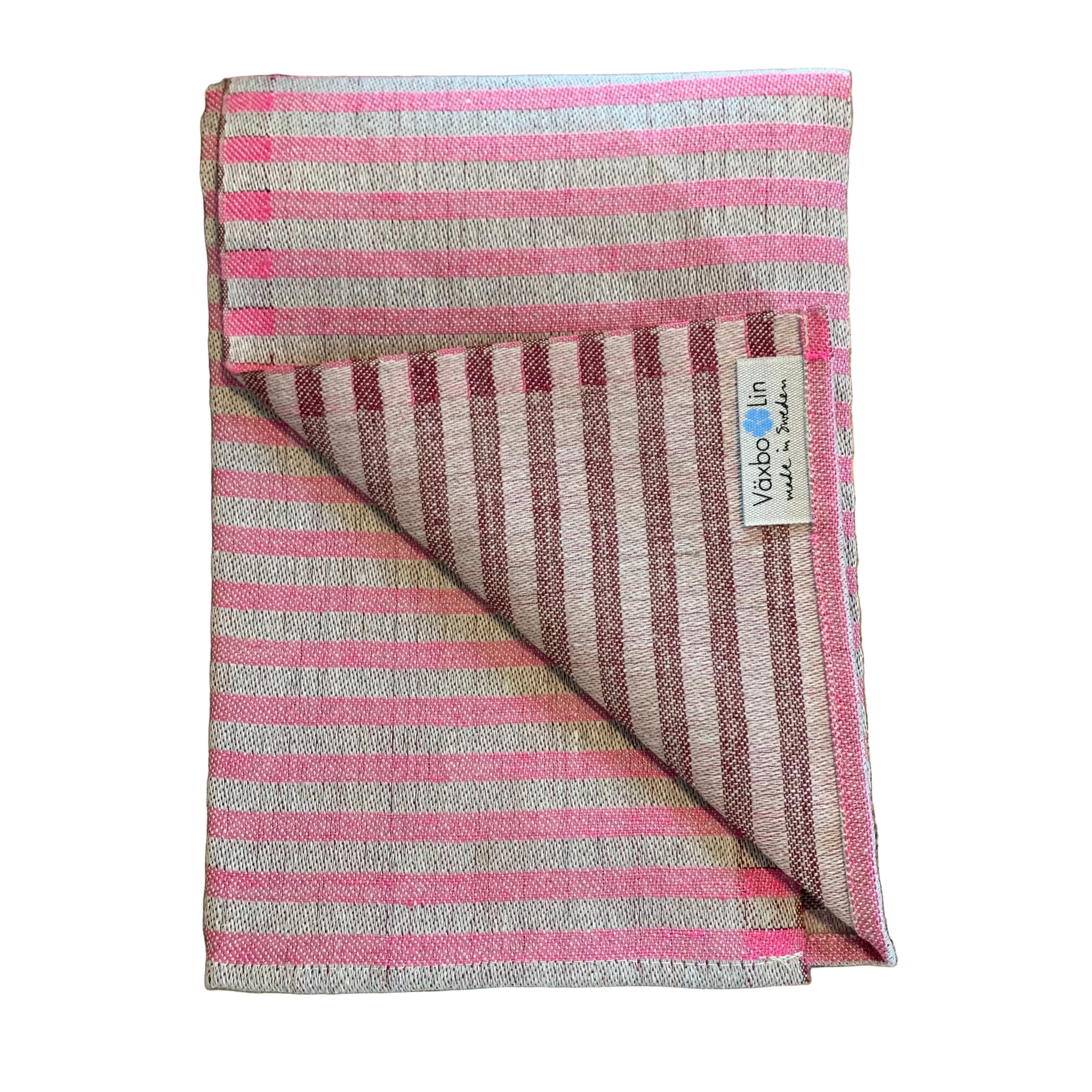 Leinen Handtuch Storm cerise/birdeaux mit schmalen Querstreifen zusammengefaltet mit umgklappter Ecke vor weißem Hintergrund