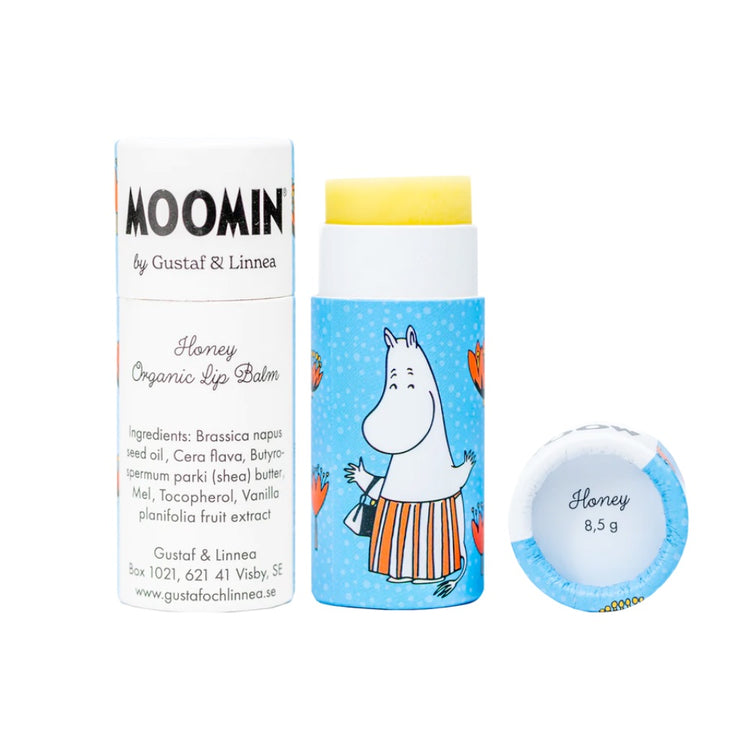Lippenbalsam aus Bienwachs Variante Honig mit Muminmama auf der Verpackung von Gustaf & Linnea erhältlich im Mys-Shop