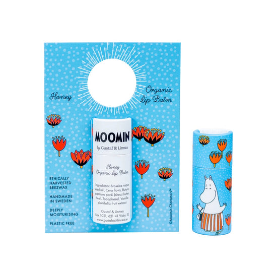 Lippenbalsam aus Bienwachs Variante Honig mit Muminmama auf der Verpackung von Gustaf & Linnea erhältlich im Mys-Shop