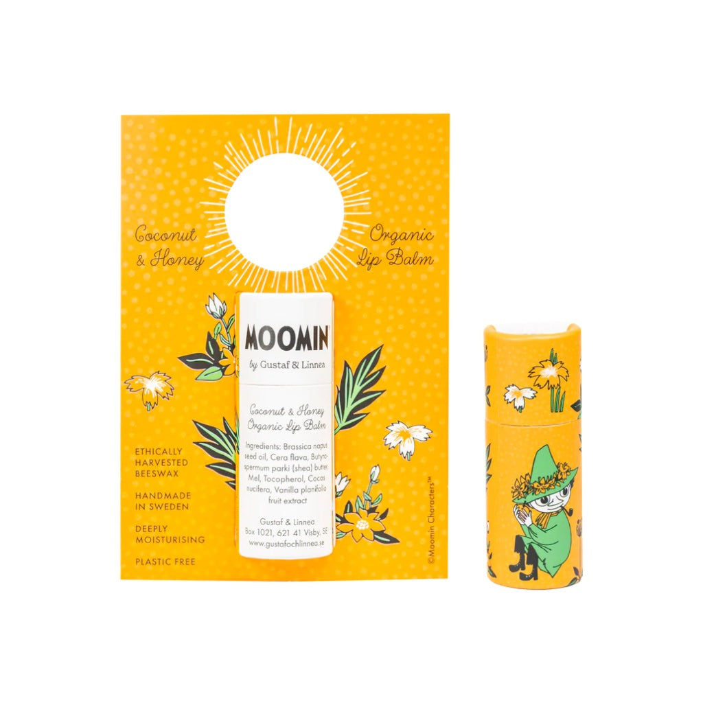Lippenbalsam aus Bienwachs Variante Kokosnuss Honig mit Schupferich auf der Verpackung von Gustaf & Linnea erhältlich im Mys-Shop