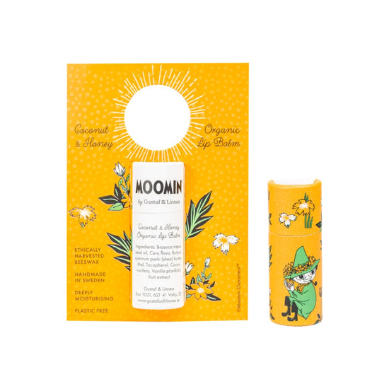 Lippenbalsam aus Bienwachs Variante Kokosnuss Honig mit Muminmama auf der Verpackung von Gustaf & Linnea erhältlich im Mys-Shop