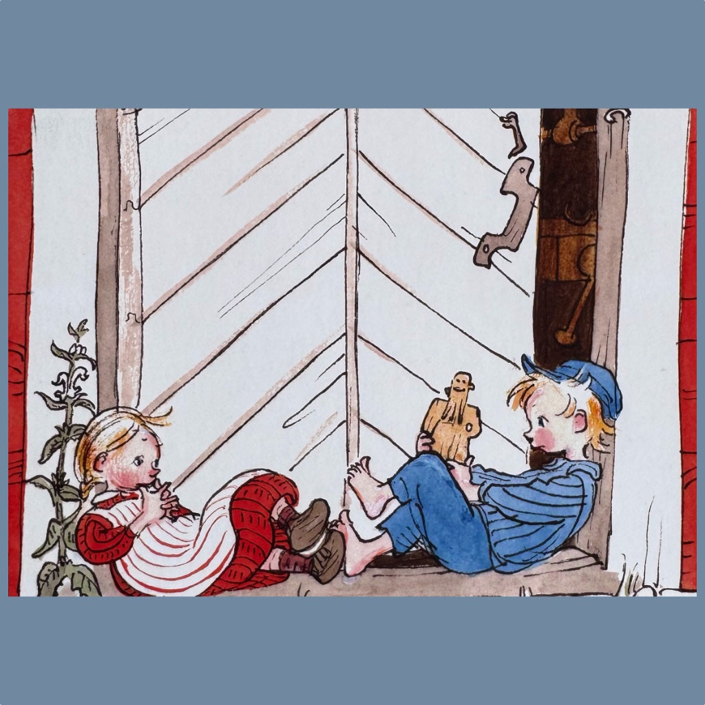 Postkarte Michel und Ida sitzen auf der Schwelle des Tischlerschuppens