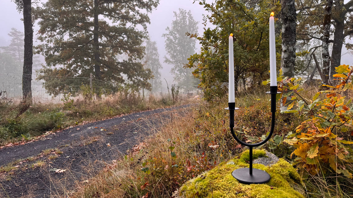 Mys-Leuchter im schwedischen Wald n einem Herbstmorgen Querformat