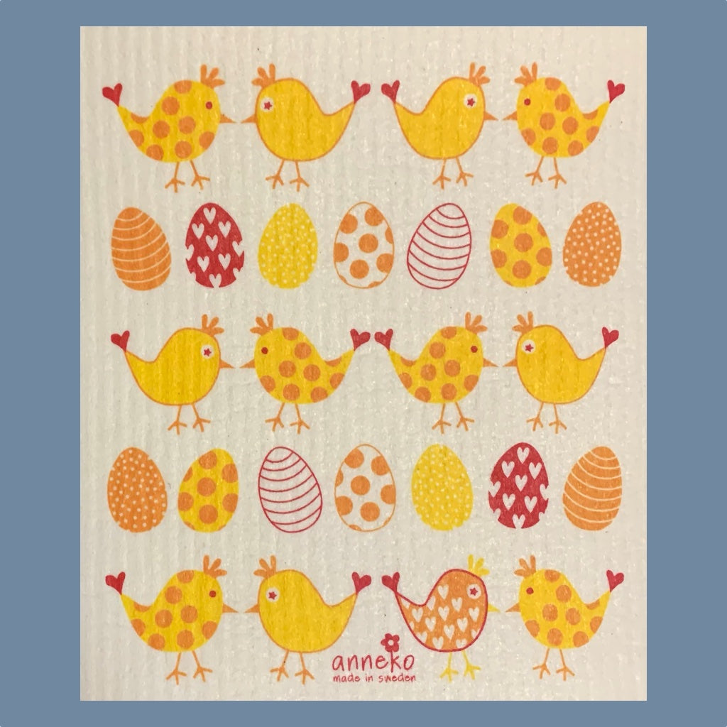 Ostereier und Küken in Gelbtönen reihenwiese auf diesem Spültuch