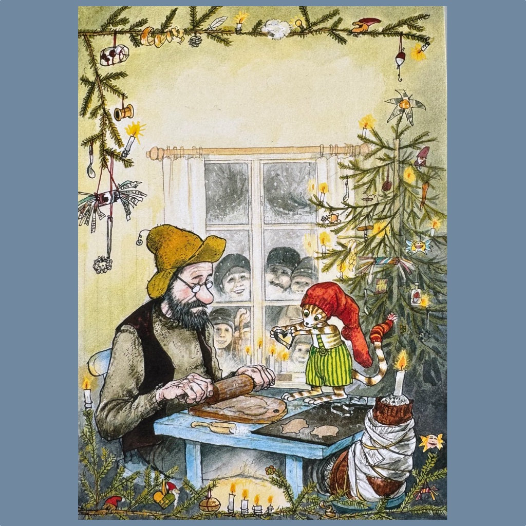 Postkarte Pettersson und Findus backen Pfefferkuchen