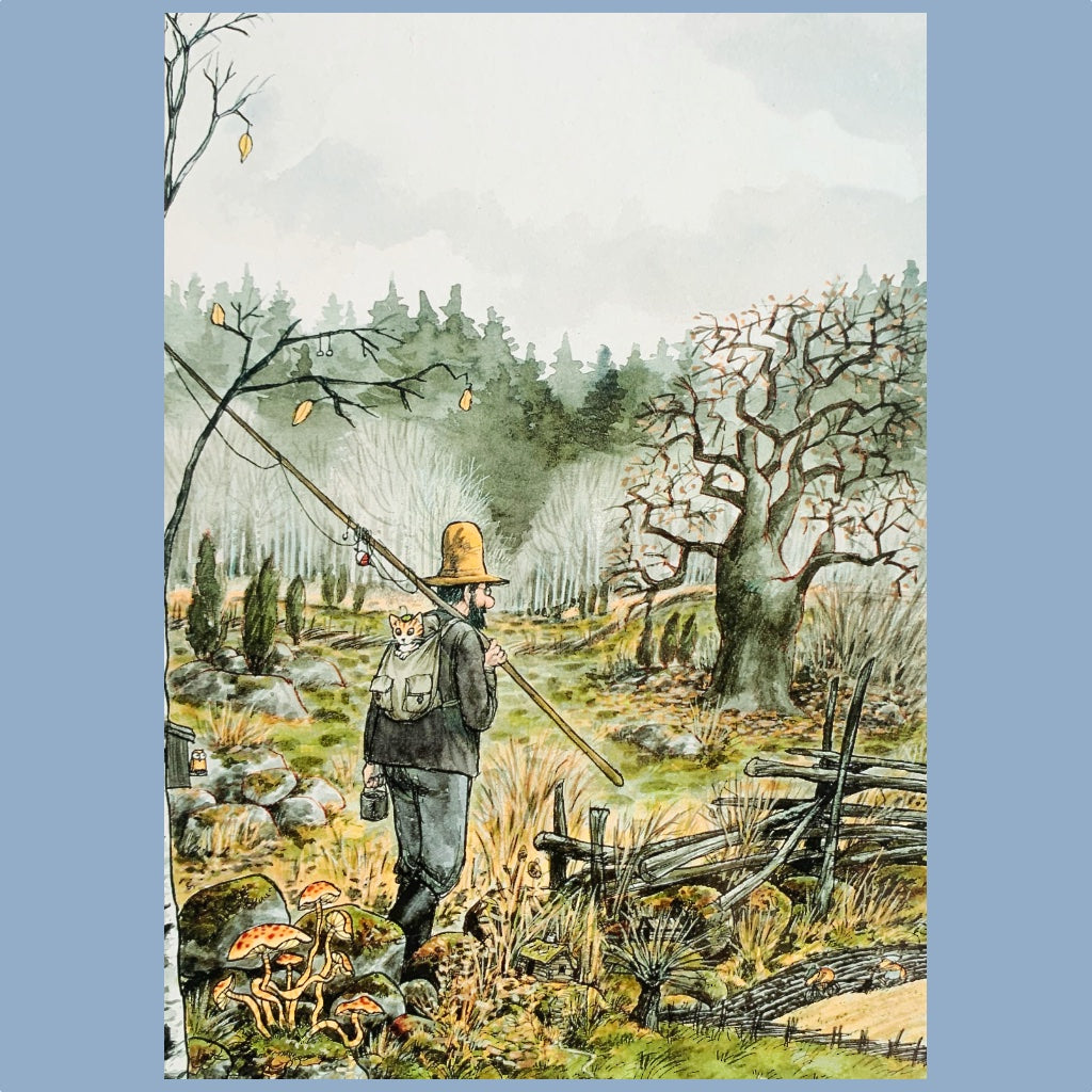 Postkarte Pettersson mit Angel im Herbstwald