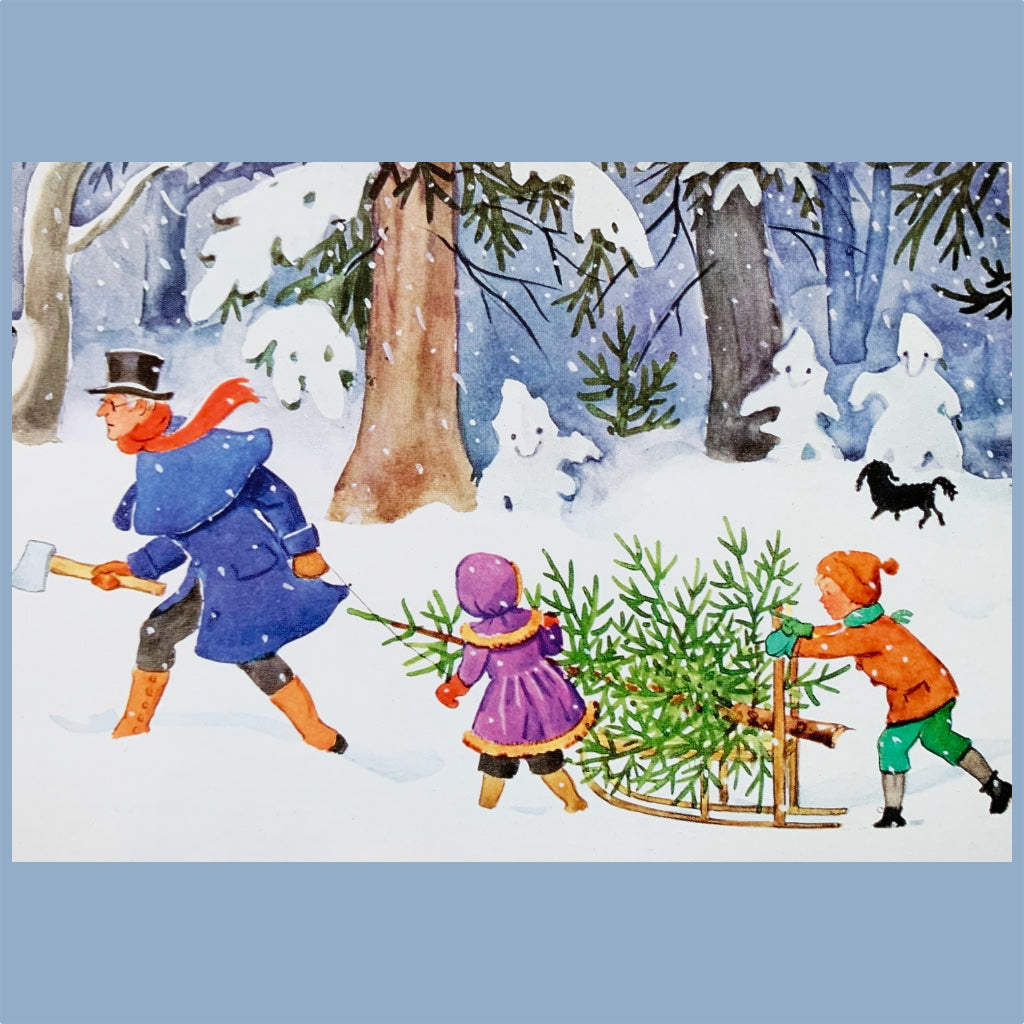 Postkarte Peter udn Lotta holen Weihnachtsbaum