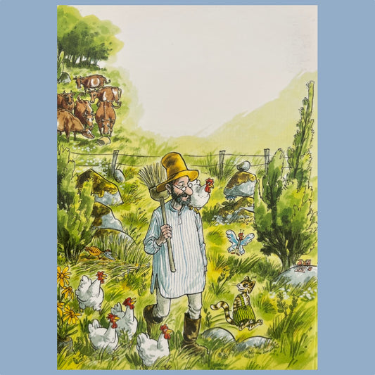 Postkarte mit Motiv Pettersson und Findus in der Wiese
