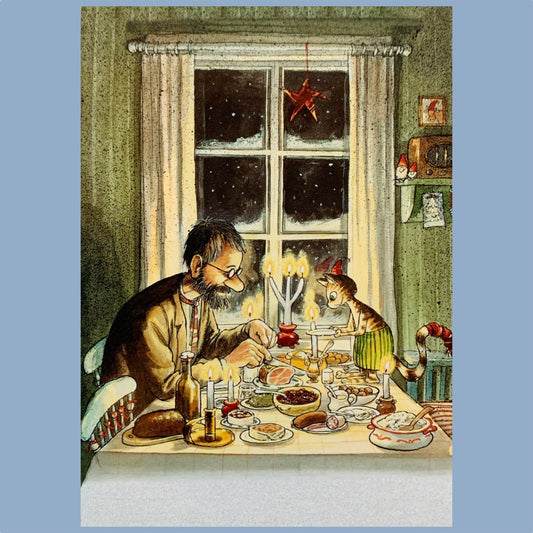 Postkarte mit Motiv Pettersson und Findus am Heiligabend beim Essen von Sven Nordqvist erhältlich bei Mys