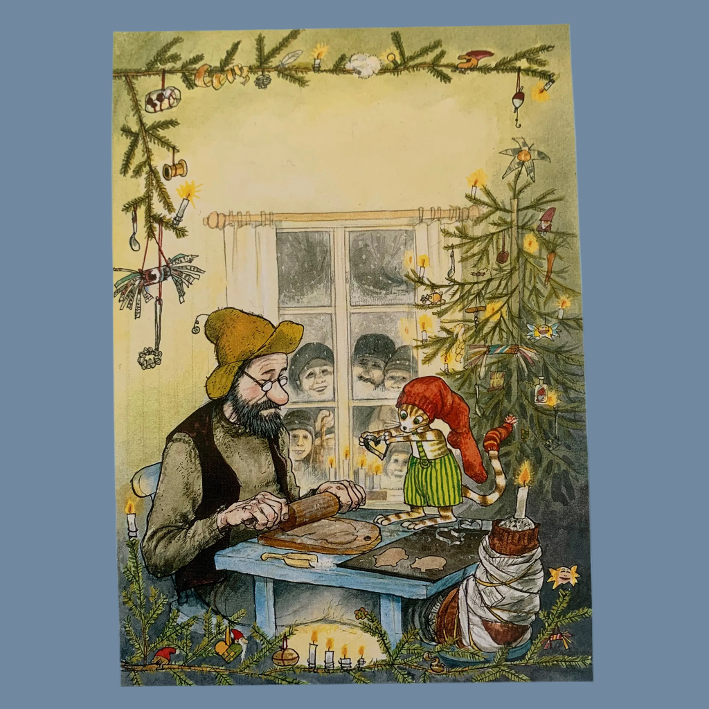 Postkarte Pettersson und Findus backen Pfefferkuchen