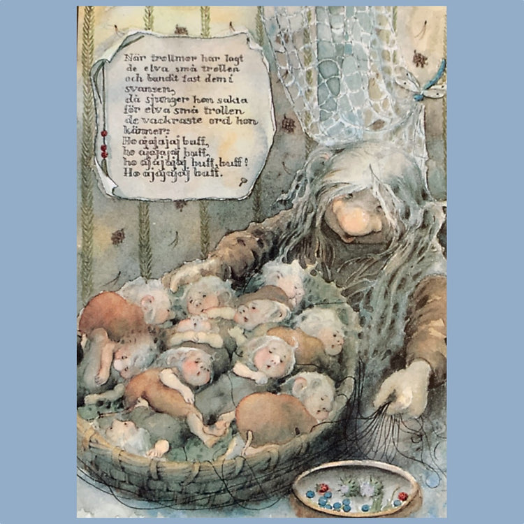 Postkarte mit Text und Bild eines bekannten Kinderliedes Trollmors vaggvisa erhältlich im Mys Shop
