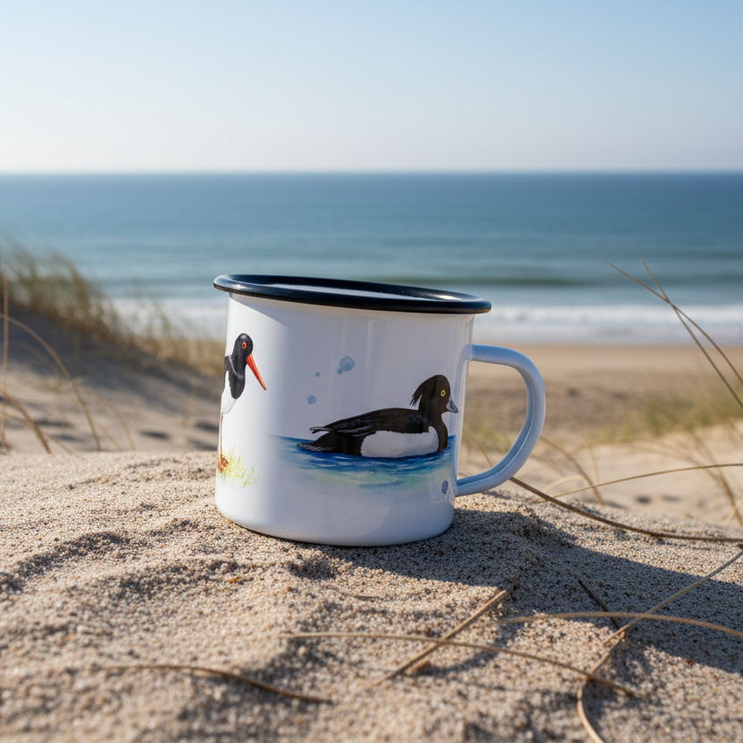Emailletasse Seevögel am Strand - KI generiert
