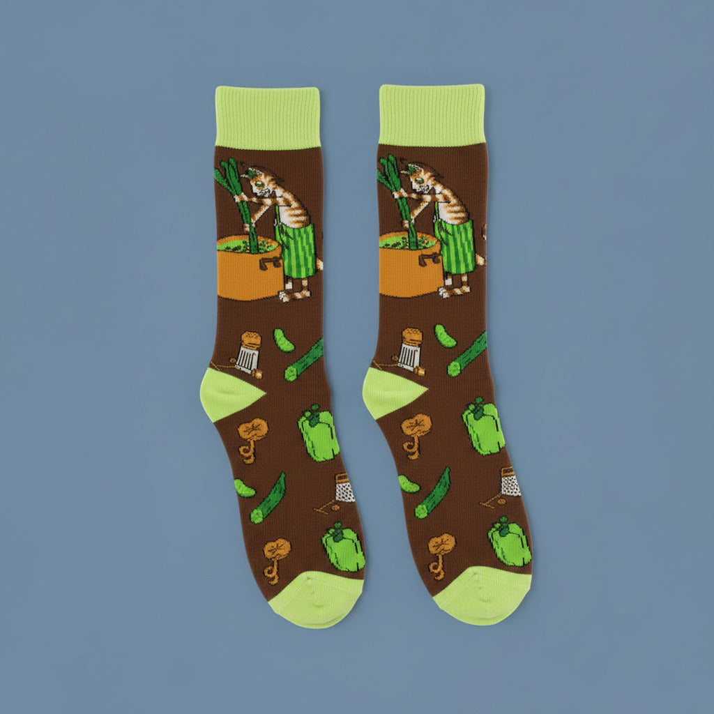 Socken Gemüsesuppe ist gesund nebeneinanderleigend