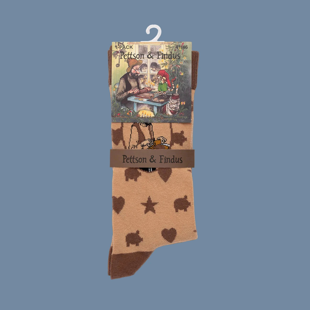 Hellbraunen Socken mit Pettersson und Pfefferkuchen mit dunkelbrauner Ferse, Bündchen und Spitze