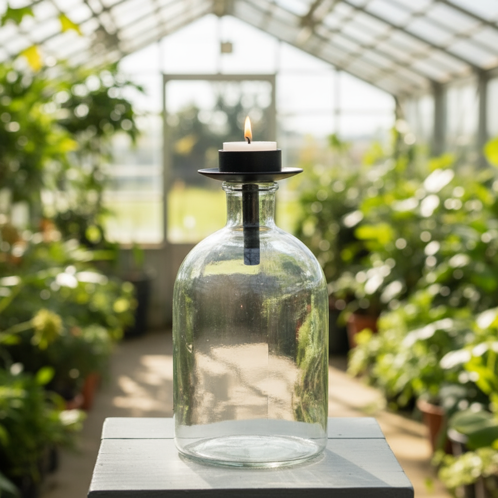 Kerzenhalter mit Teelicht für Flaschen in einem Gewächshaus, KI generiert