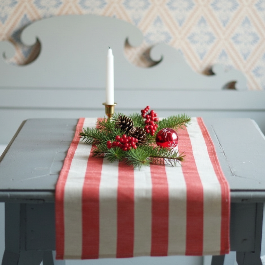 Tischläufer aus Halbleinen mit roten Streifen auf Tisch mit Tannengrün, roten Beeren  und Kerze, KI generiert