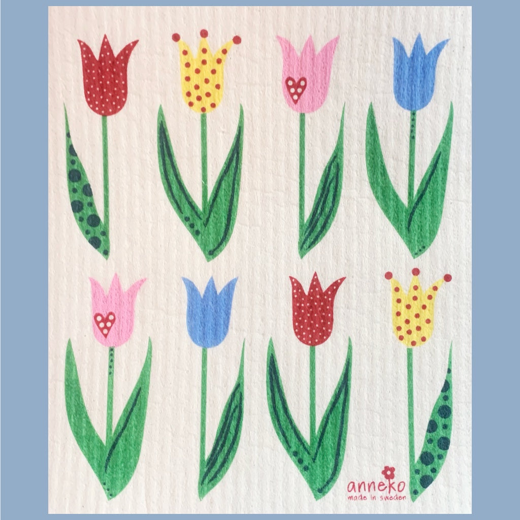 zwei Reihen mit je vier bunten, ilustrierten Tulpen 