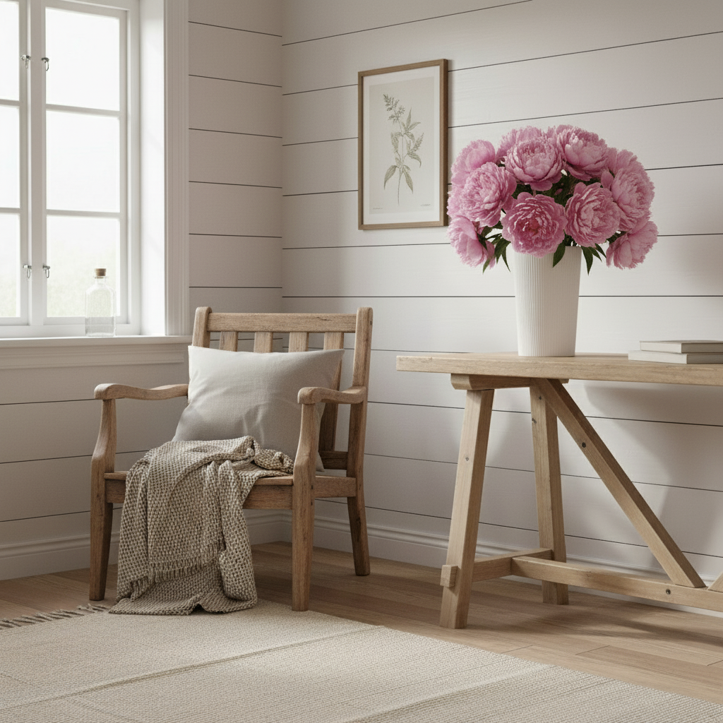 Vase Eksberg aus Keramik in weiß von Storefactory in KI generiertem Cottage Interieur