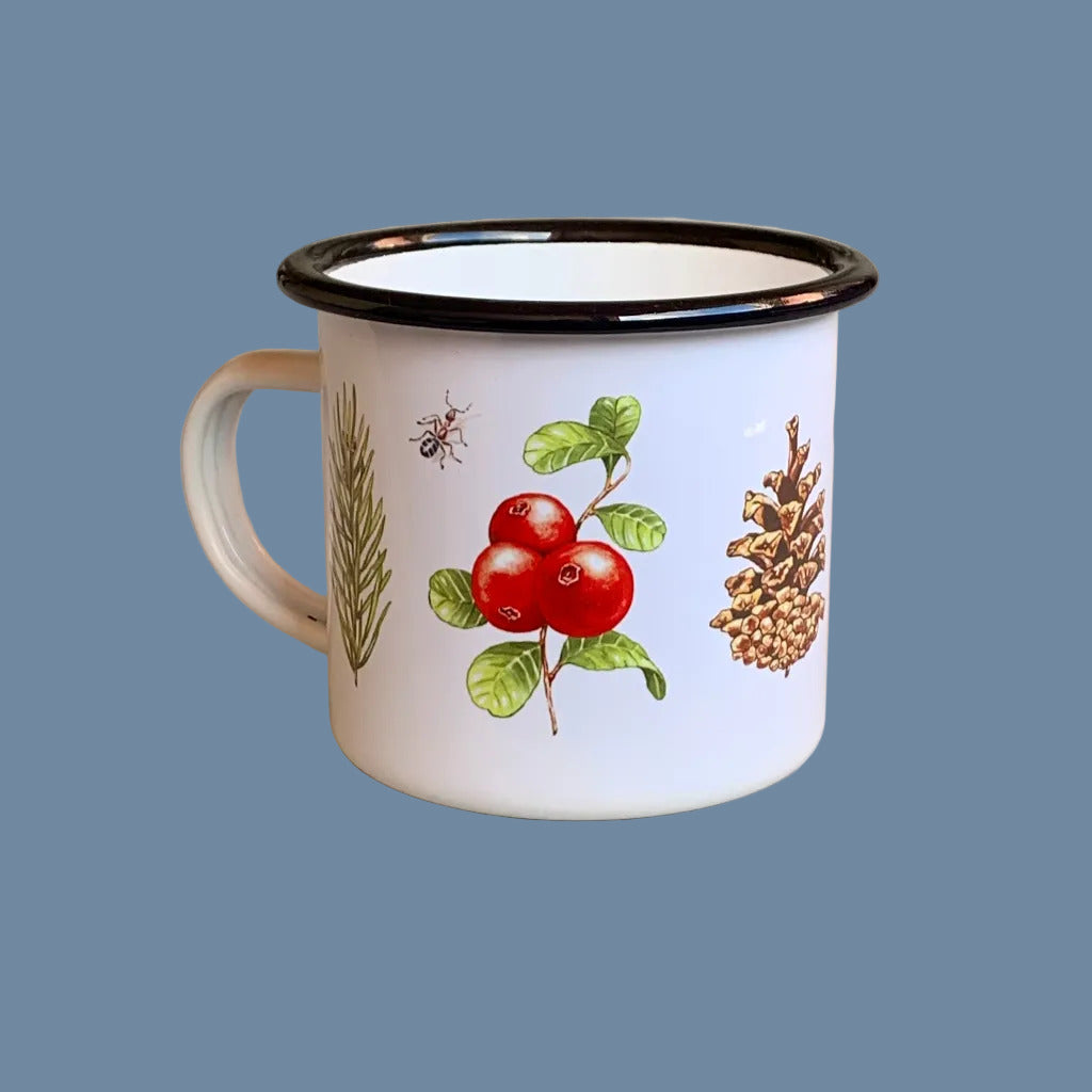 linke Seite der Emaille Tasse Wald mit Preiselbeeren
