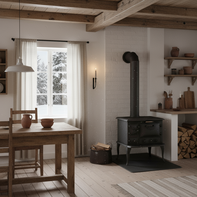 gemütliches KI generiertes Kücheninterior mit Ofen und Blick in eine verschneite Landschaft