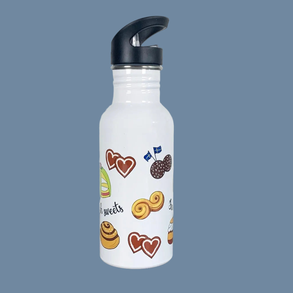 Rückseite der Wasserflasche aus Edelstahl mit Design Swedish sweets von Mellowdesign erhältlich bei mys