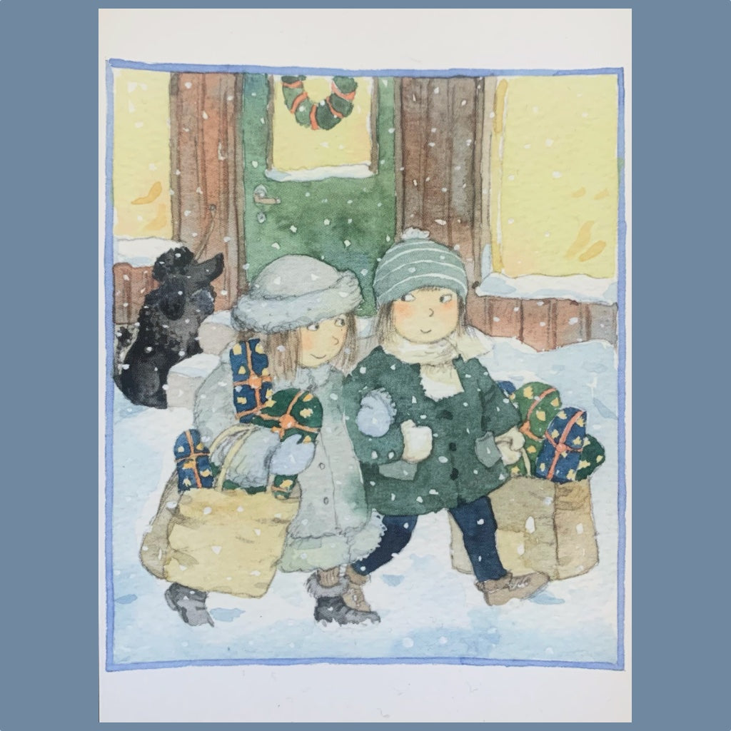Postkarte mit zwei Mädchen mit Weihnachtseinkäufen