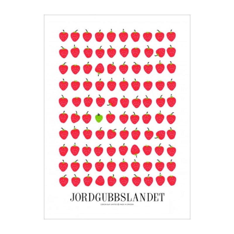 Gesamtansicht Geschirrtuch Jordubbslandet. Viele Reihen mit roten Erdbeeren, eine ist grün.