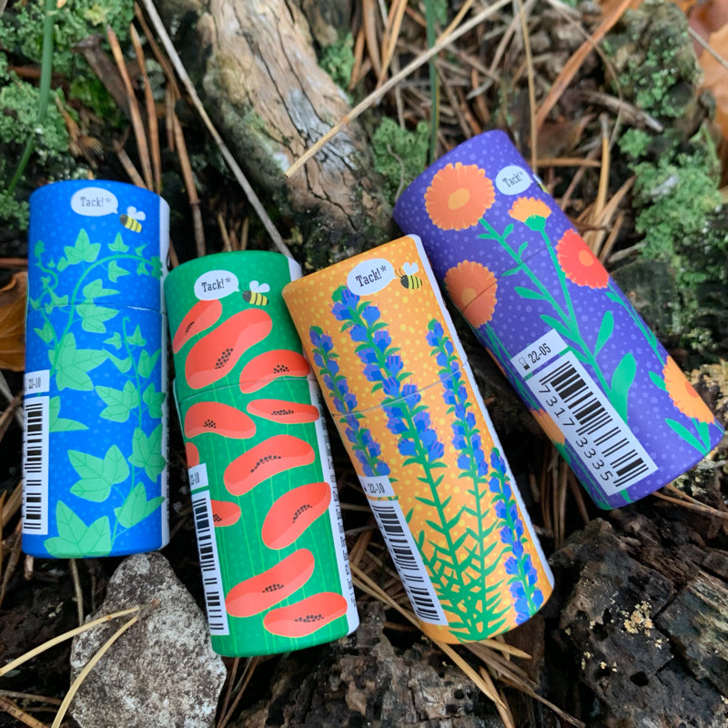 vier Lippenpflegestifte auf Waldboden